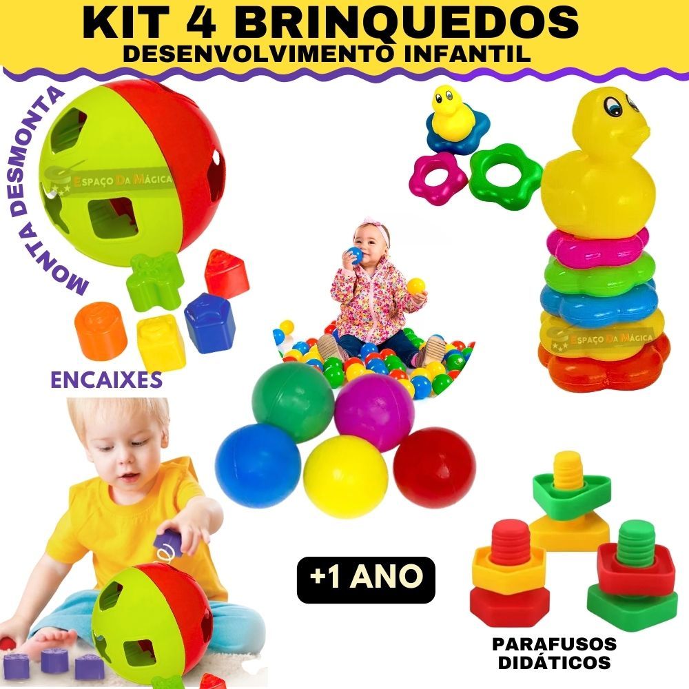 Kit 4x Brinquedo Educativo Montessori 1 Ano 2 anos 3 anos Menino Menina Presente Promoção
