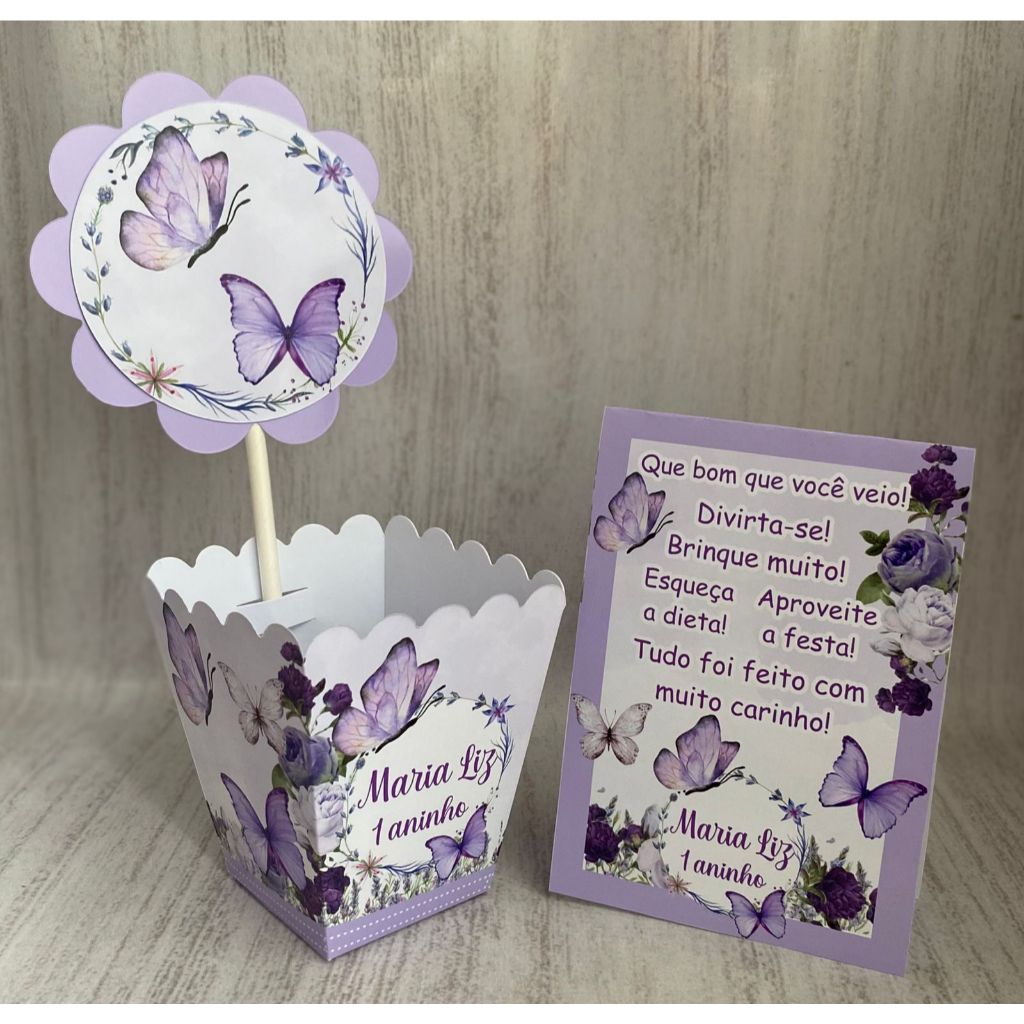 Kit Centro de mesa Borboleta Lilás Jardim Borboletas Personalizado com Nome | Cachepot Festa Infantil Aniversário Chá