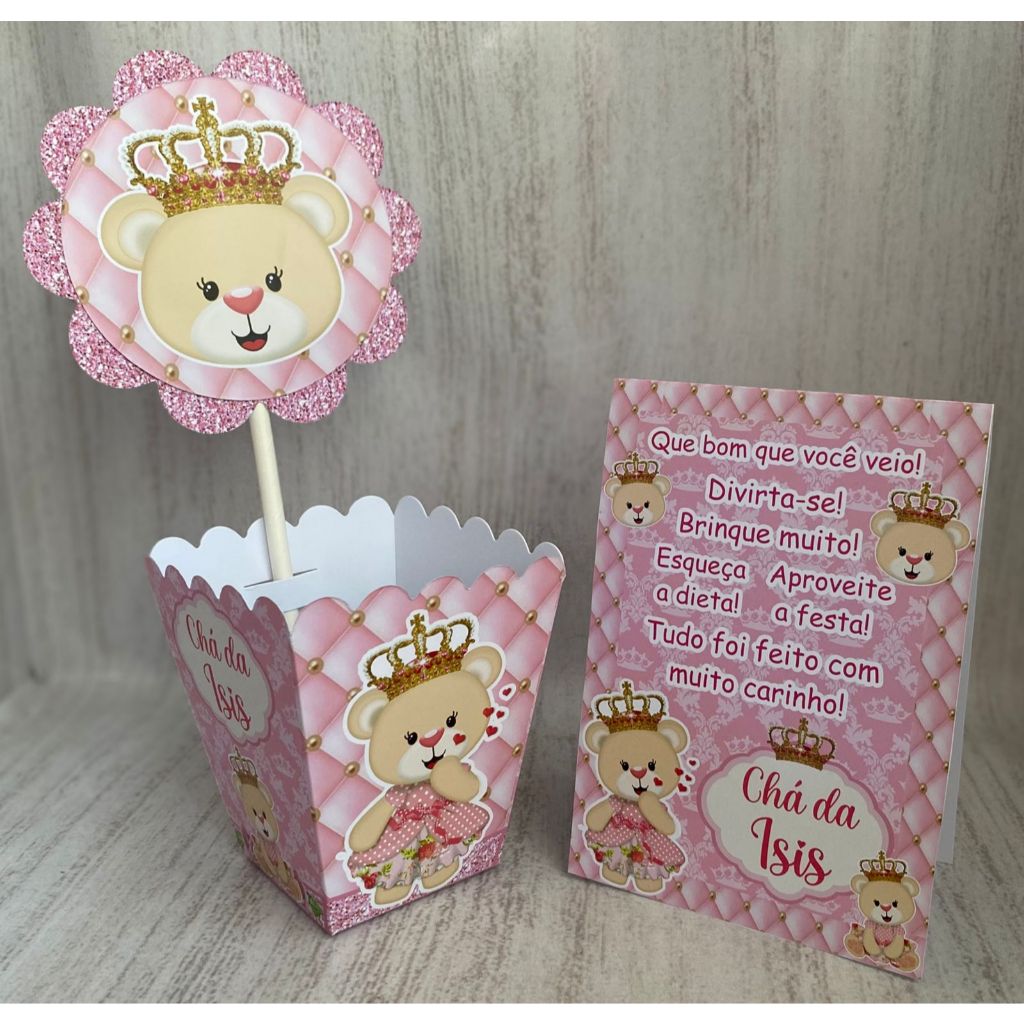 Kit Centro de mesa Ursinha Princesa Rosa Personalizado com Nome | Cachepot Festa Infantil Chá Aniversário Decoração