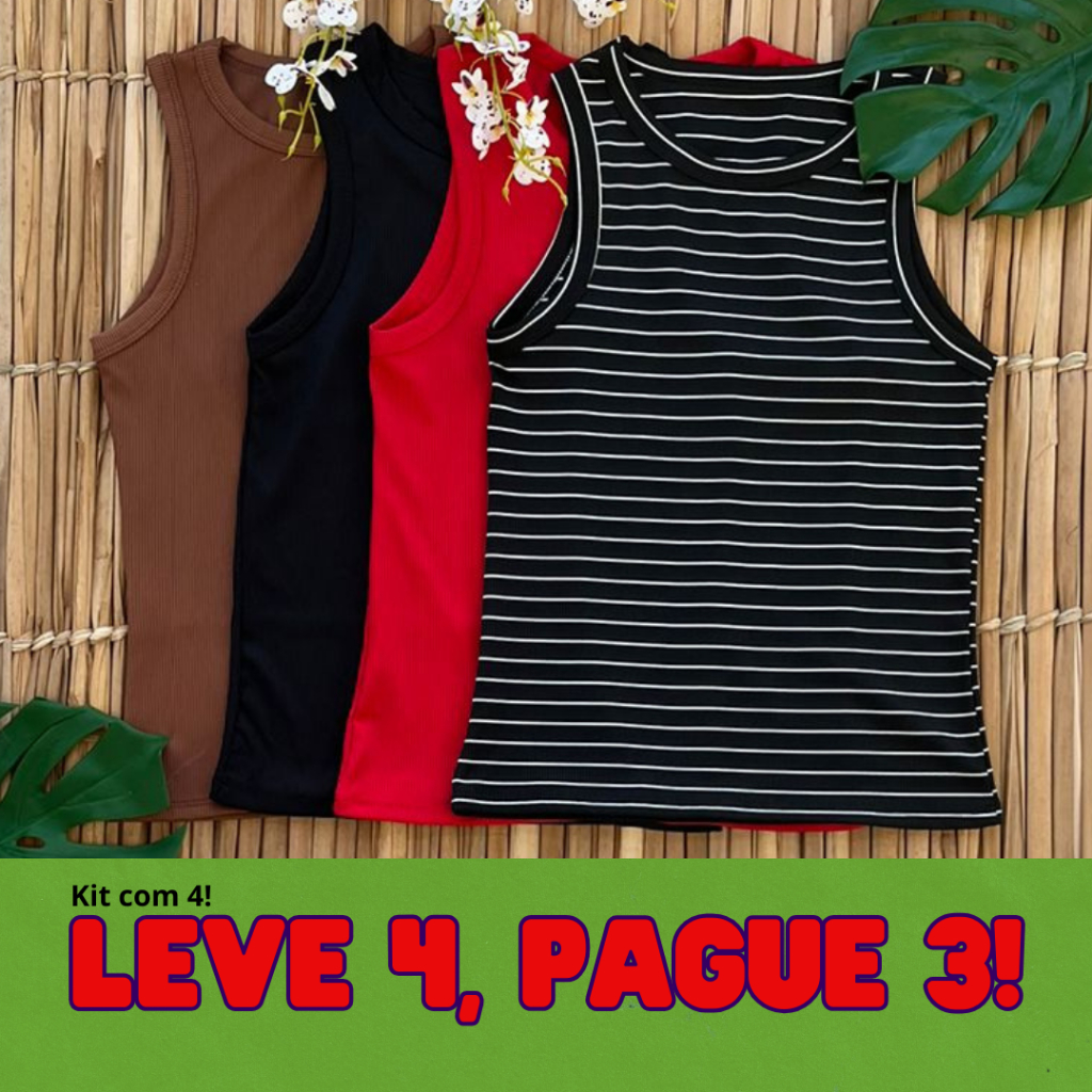 Kit 4 Regata Feminina Lisa/Listrado Canelada Camiseta Básica Blusa Casual Verão