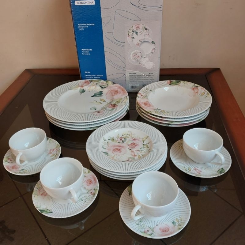 Aparelho de Jantar e Chá 20 Peças Tramontina Redondo de Porcelana Branco Ornatta