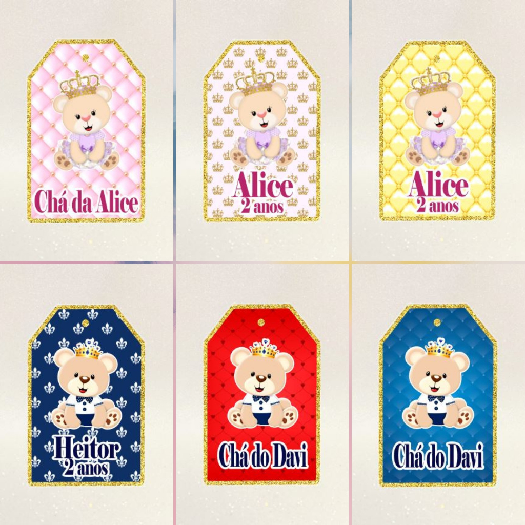 TAG com furo * PERSONALIZADA * para festas * lembrancinhas * sacolinhas * Urso Príncipe e Ursa Princesa