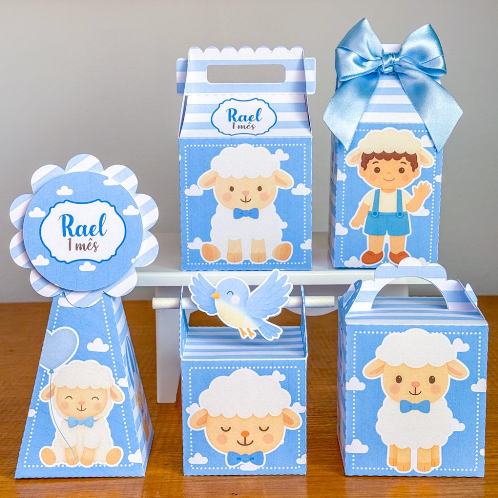 Personalizados Ovelinha Azul Menino Pegue e Monte lembrancinha aniversário infantil Mêsversário batizado chá revelação