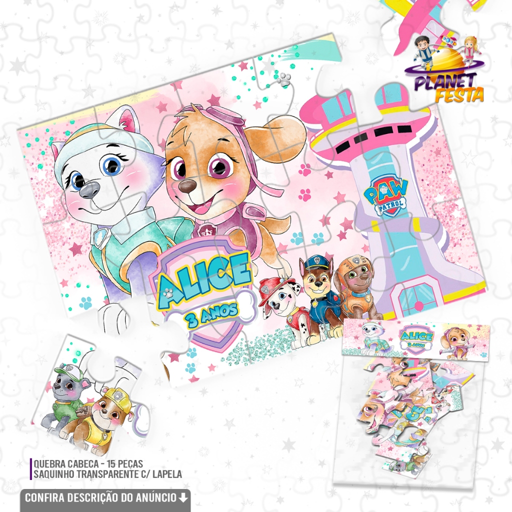 Quebra-Cabeça Personalizado Tema Skye e Everest Patrulha Canina | Lembrancinha de Aniversário 15 Peças
