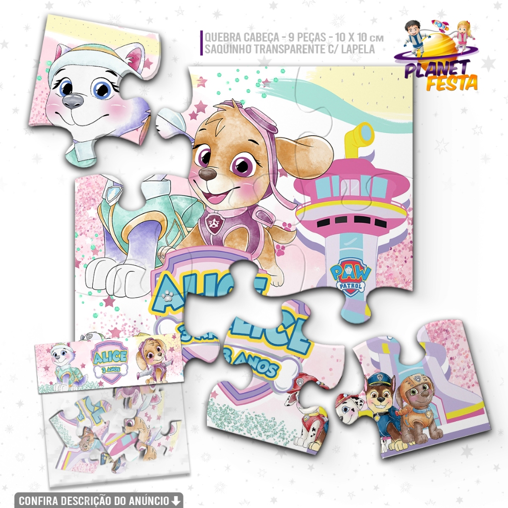 Quebra-Cabeça Personalizado Skye e Everest Patrulha Canina | Lembrancinha de Aniversário 9 Peças