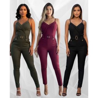 Macacão Feminino Longo com Cinto Bolso Alcinha Bengaline Estilo Social Casual Elegante em Oferta na Shopee