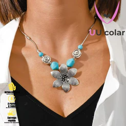 Colar com Pedra Turquesa Natural – Estilo Boho Chic para Mulheres, Pingente Étnico