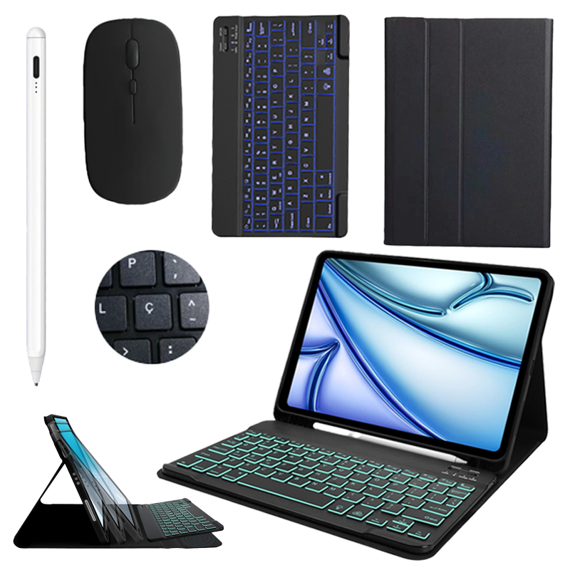 Capa Teclado Retroiluminado Abnt2 +Mouse+Caneta Stylus Capacitiva Para Samsung Tab S6 Lite/A9 Plus/A9/A8/A7 – Kit 4 Em 1