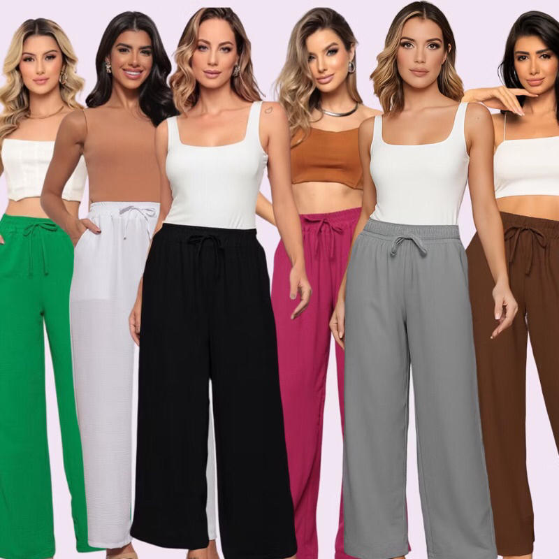 Calça Pantalona Feminina Cintura Alta Wide Leg Duna com Bolsos Elástico no Cós e Cordão Tendência