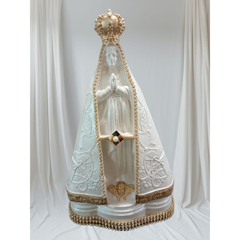 Imagem de Nossa Senhora Aparecida 25cm Branca com Dourada strass Gesso Réplica