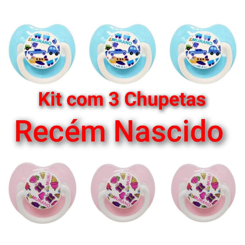 Kit com 3 Chupetas para Recém Nascido Bico Ortodôntico