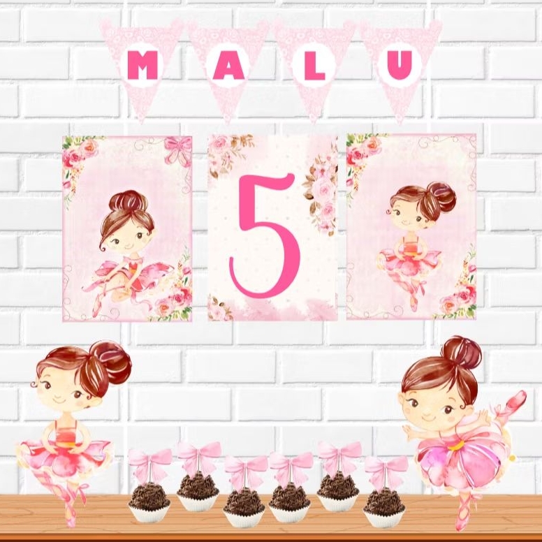 Bailarina aquarela kit festa na mesa decoração infantil só um bolinho mimo personalizado para aniversário e mesversário