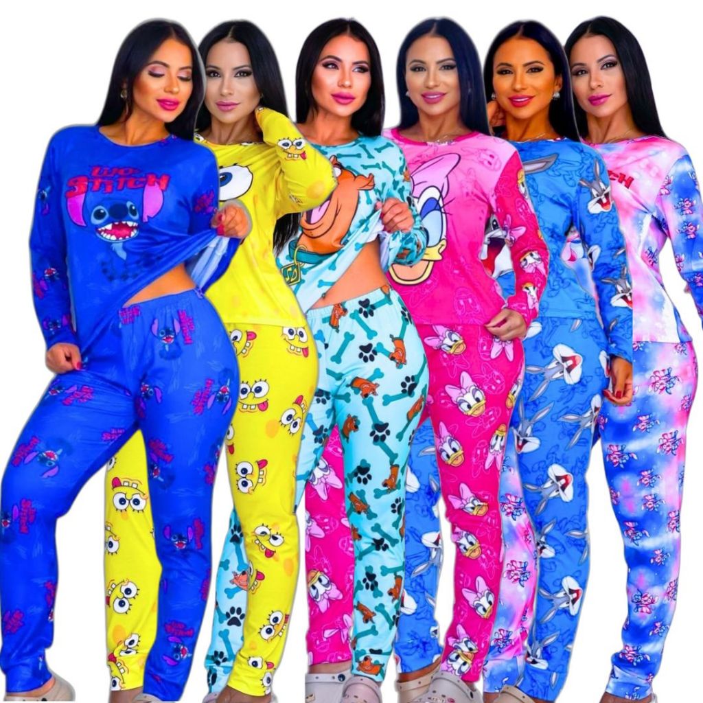 Conjunto Pijama Feminino Manga e Calça Longa Luxo Inverno Personagens