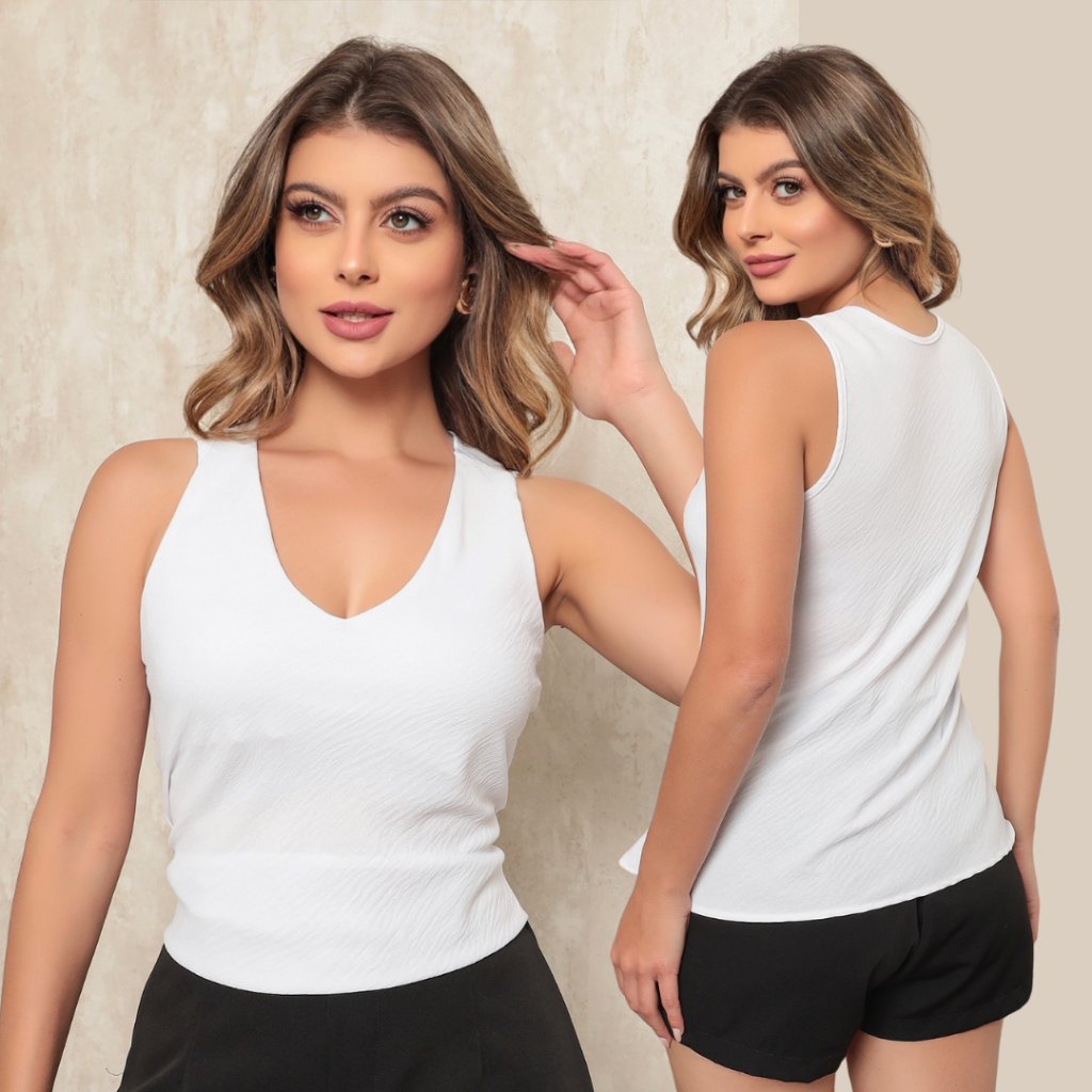 Blusa Feminina Regata Elegante em Crepe com Decote V Profundo Alça Larga Sofisticada Casual Social