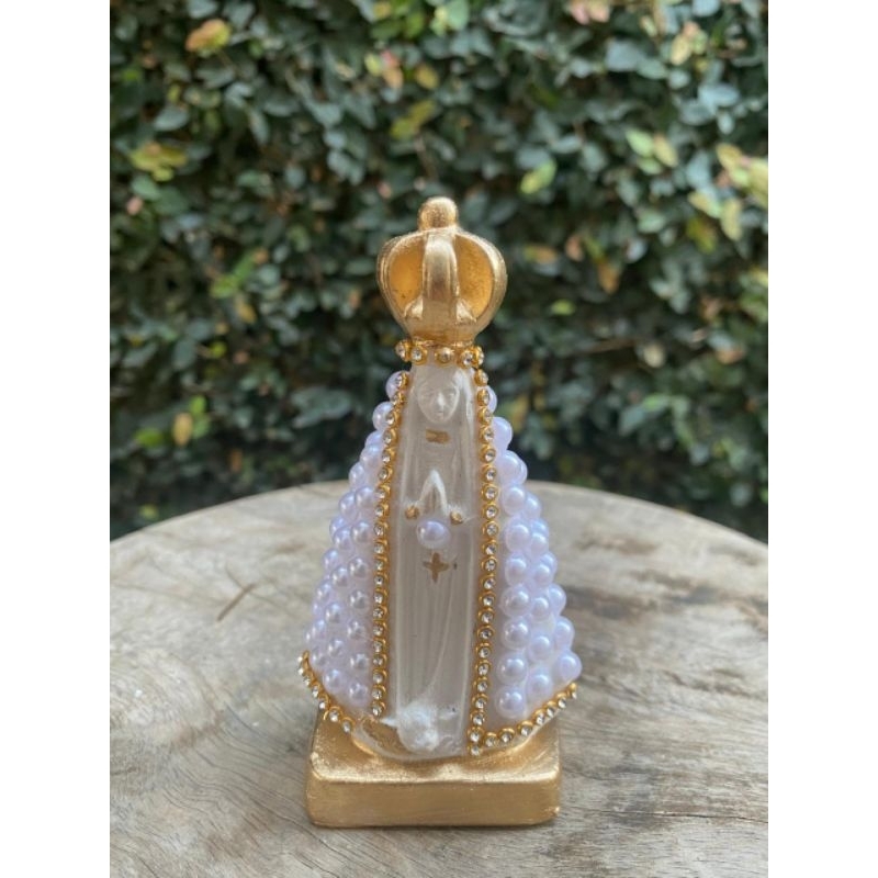 Imagem Nossa Senhora Aparecida 10cm com Pérolas Brancas – Escultura Religiosa Católica, Decoração e Presente