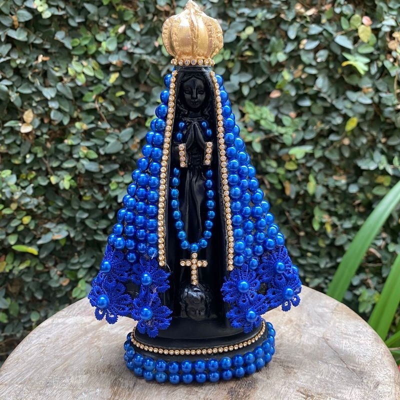 Imagem Nossa Senhora Aparecida 22cm Decorada com Pérolas, Strass, Escultura Religiosa Católica, Decoração e Presente