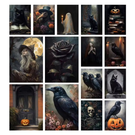Kit 10 Quadros Decorativo Terror Sombrio Gótico Corvo Decoração Bruxa Halloween