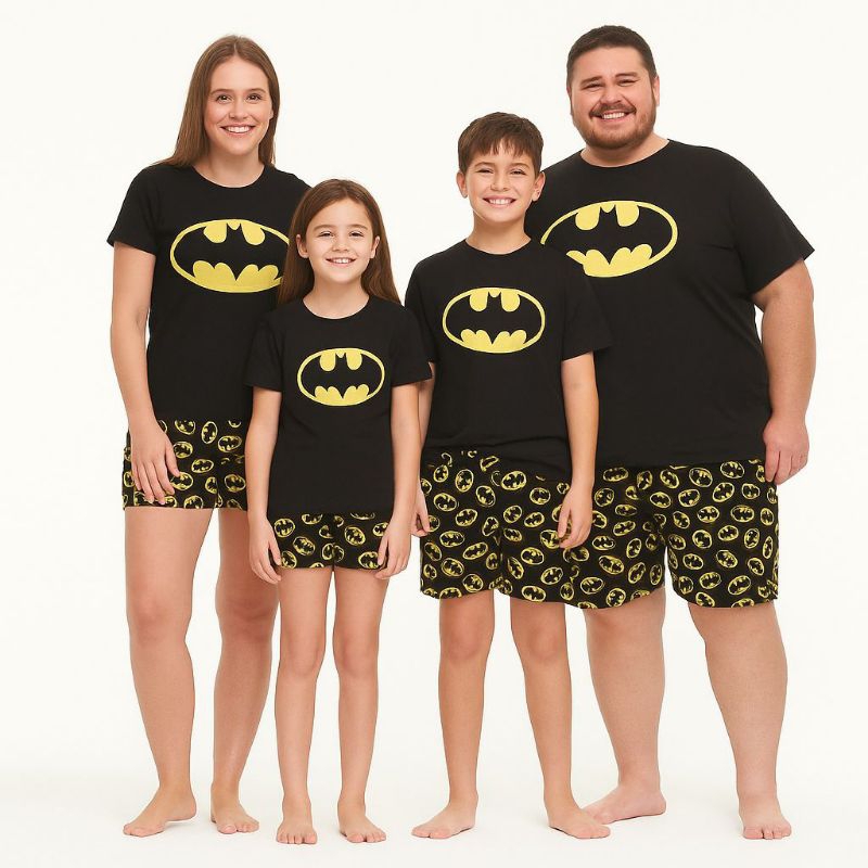 Pijama short camisa personagens família confortável adulto e infantil
