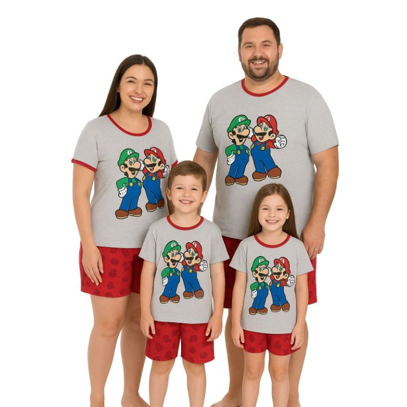 Pijama short camisa personagens família confortável adulto e infantil
