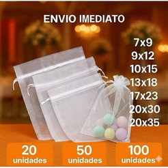 kit 10/20/50/100 Unid Saco Saquinho Organza 7x9 9x12 10x15 13x18 17x23 20x30 20x35 Branco Lembrancinha festa Casamento
