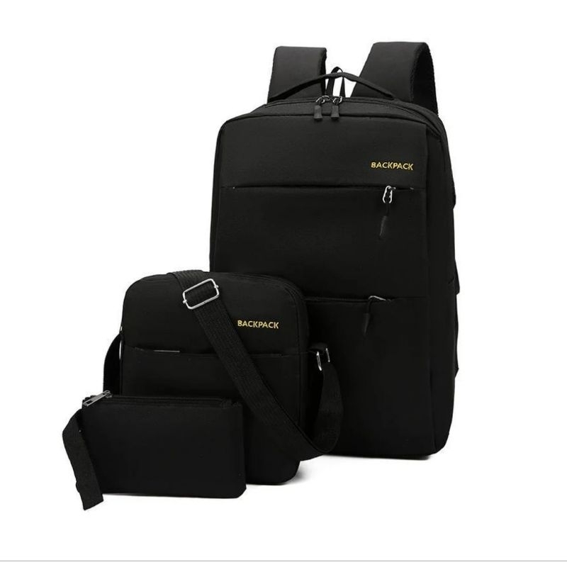 Kit 3 Bolsas Mochila Unissex PU Alta Qualidade Impermeável Grande Para Notebook Escolar