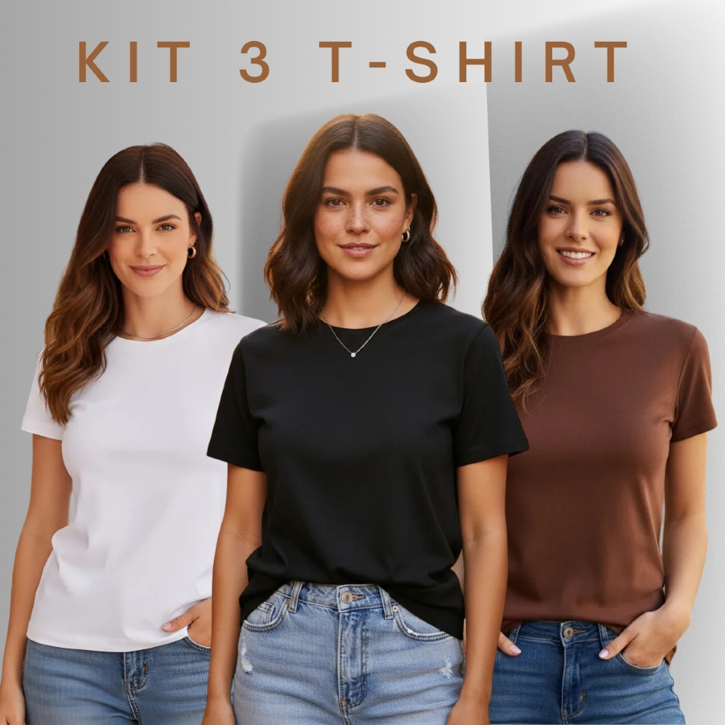Kit 3 T-Shirt Algodão Camiseta Feminina Lisa Básica  Baby Look em Oferta na Shopee