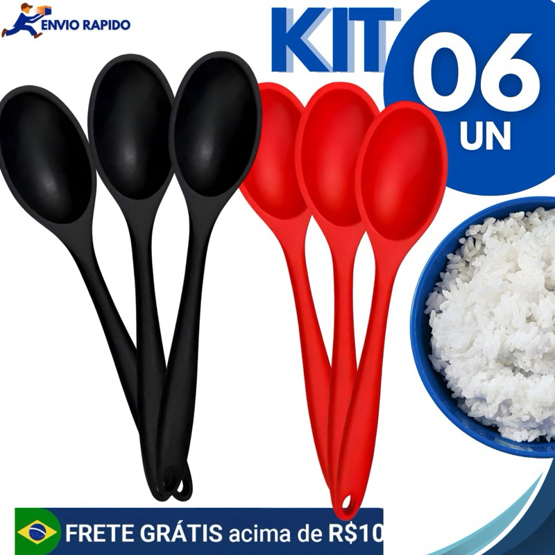 Kit 6 Colher de Arroz Silicone 30cm Antiaderente Resistente Utensílio de Cozinha Prático Premium