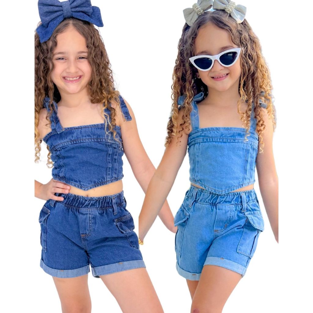 Conjunto Short Jeans Menina Infantil Juvenil Blogueira Diva Parque Passeio