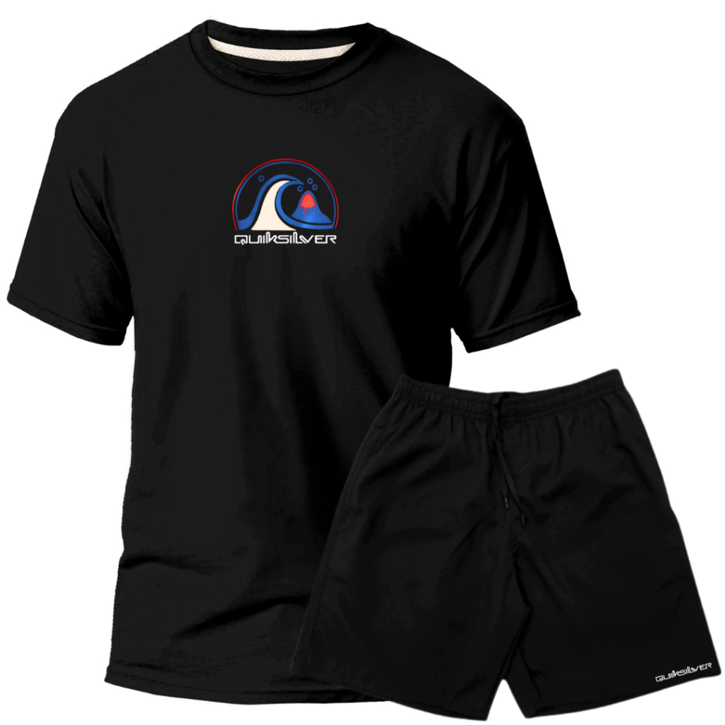 Kit Conjunto Verão Quiksilver Deu Onda Camiseta Algodão Short Tactel Com Elastano Moda Verão