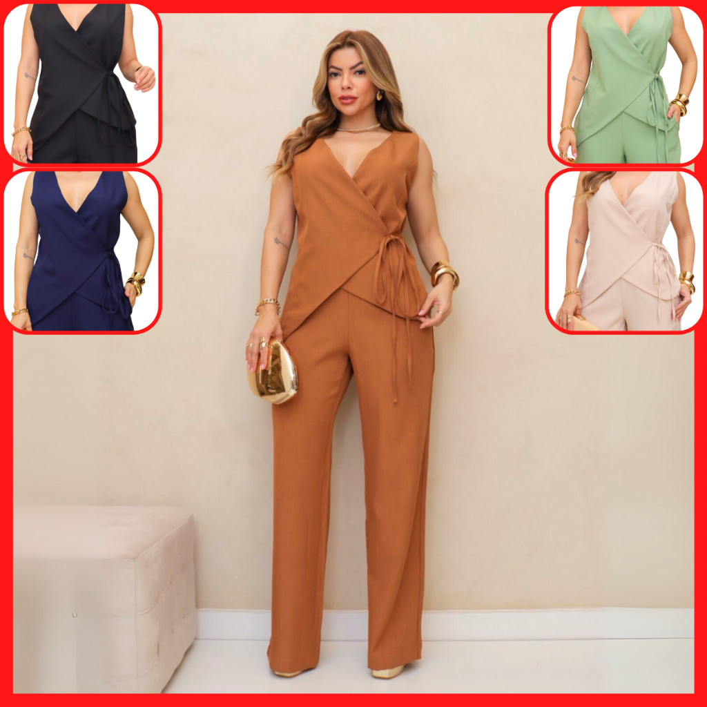 Conjunto Feminino Calça Pantalona e Blusa Transpassada Acinturada Linho Alfaiataria Premium de Luxo