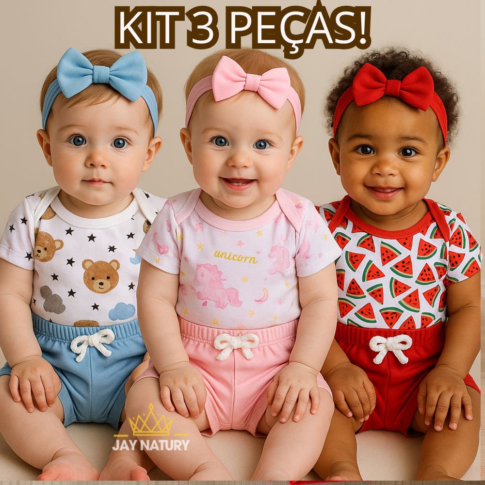 Conjunto Body e Short de Bebe Menina Presente Mesversário  e Faixa 3 Peças para Bebe Menina