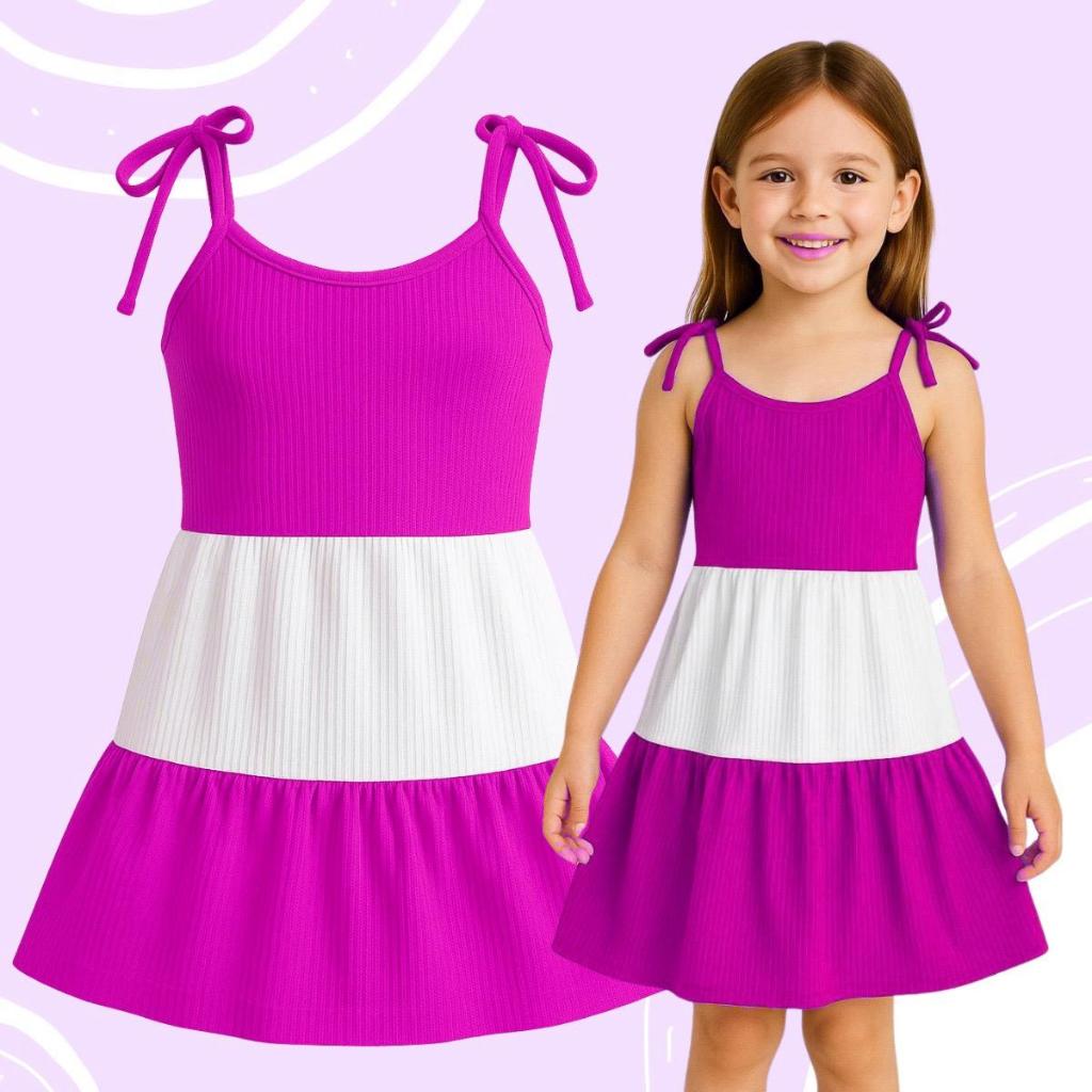 Vestido Rosa e Branco Infantil Alça de amarrar tecido canelado Verão em Oferta na Shopee