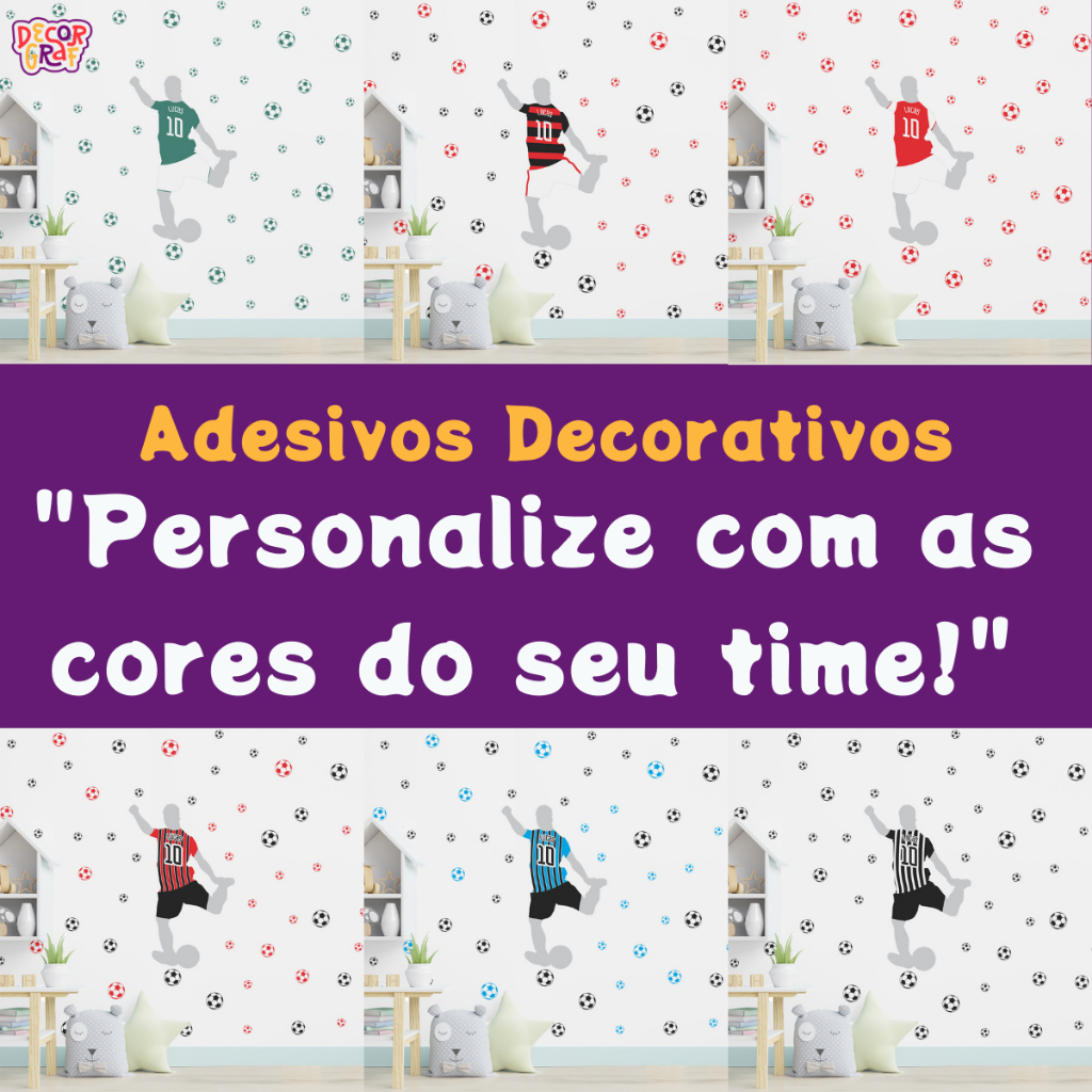 Adesivo de Parede Futebol com Nome Personalizado Jogador Camisa Time + 75 Bolas Decorativas