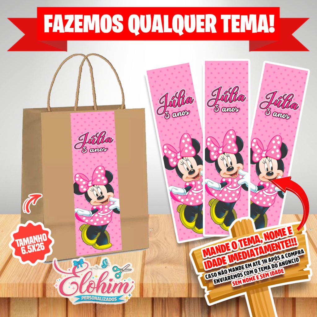 Rótulo Adesivo para personalizar sacolas Kraft / Craft tamanho do adesivo 6,5x26 - Minnie Rosa