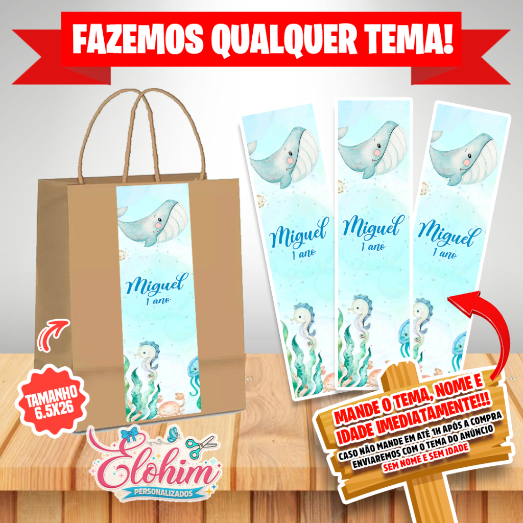 Rótulo Adesivo para personalizar sacolas Kraft / Craft tamanho do adesivo 6,5x26 -Fundo do Mar