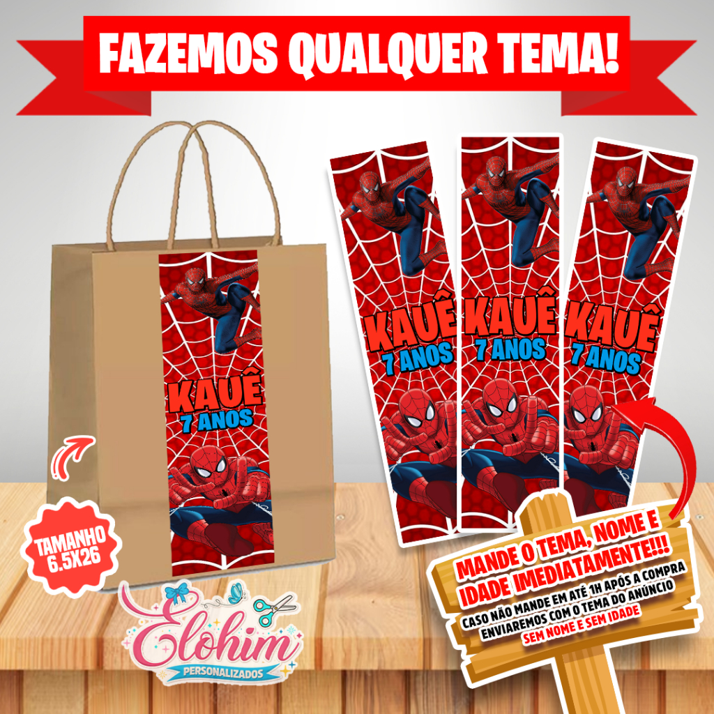 Rótulo Adesivo para personalizar sacolas Kraft / Craft tamanho do adesivo 6,5x26 - Homem aranha