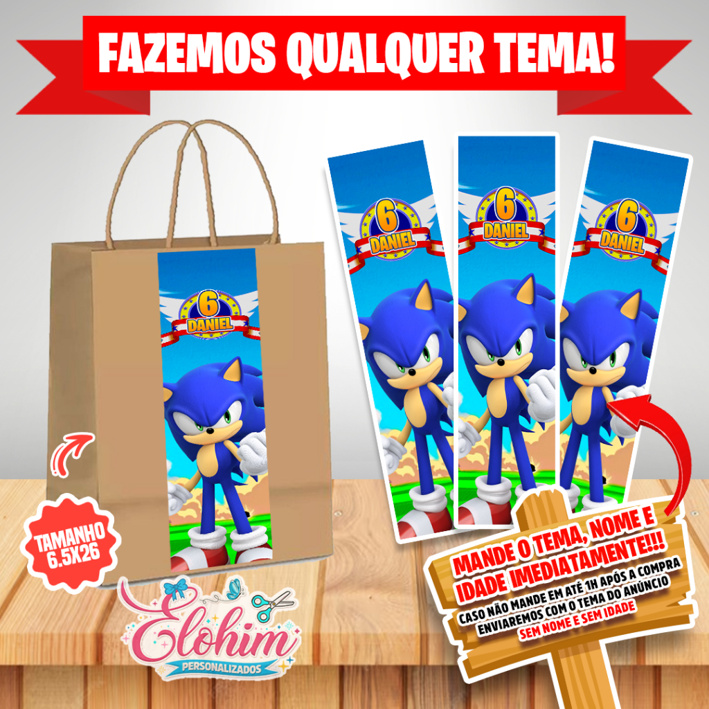 Rótulo Adesivo para personalizar sacolas Kraft / Craft tamanho do adesivo 6,5x26 - Sonic