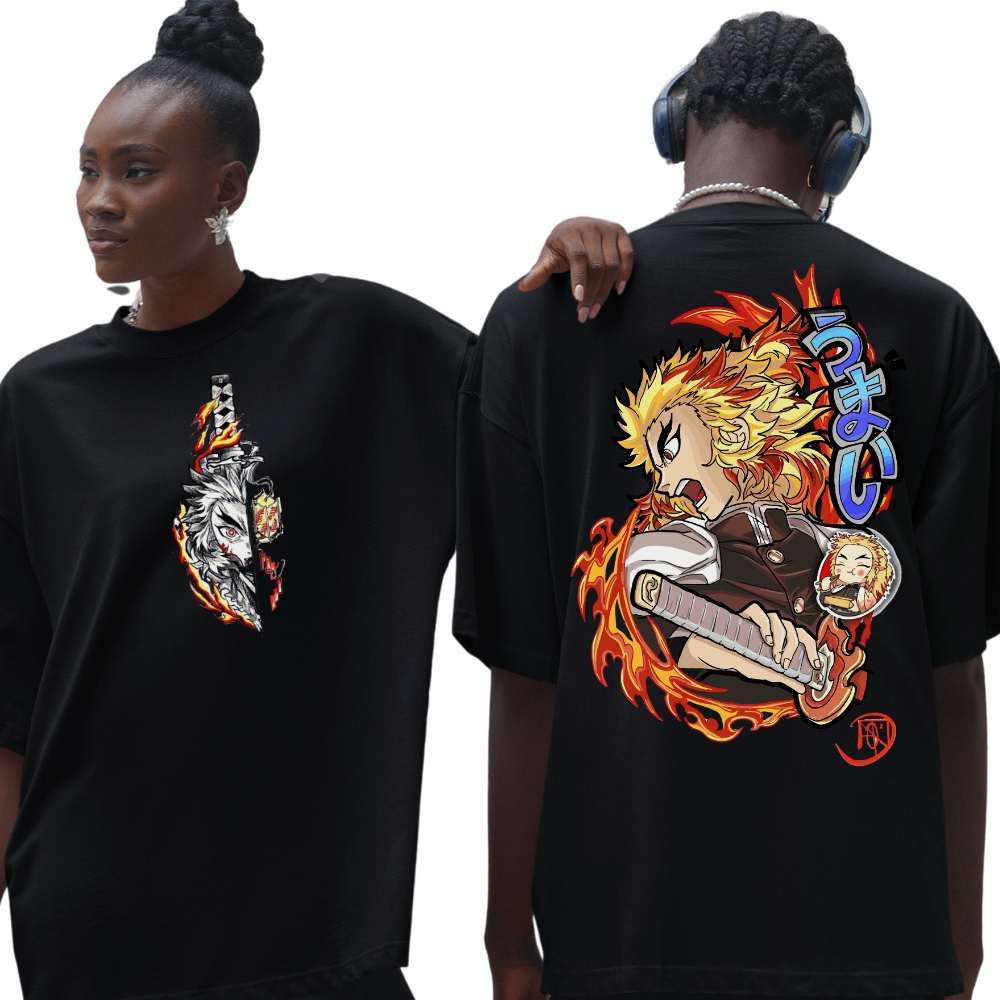 Camiseta Basica e OVERSIZED Caçador de Oni Demonio Fogo Hashira Anime Unissex