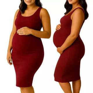 Vestido feminino regata Para gestante Midi canelado ribana. em Oferta na Shopee