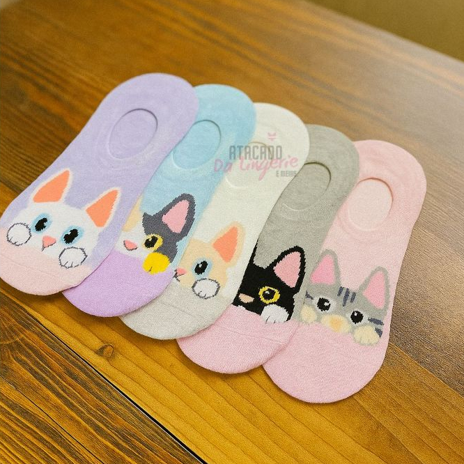 Kit 9 Pares Meia Cano Curto Sapatilha Invisivel Algodão Estampada Gatinho Moda Feminina