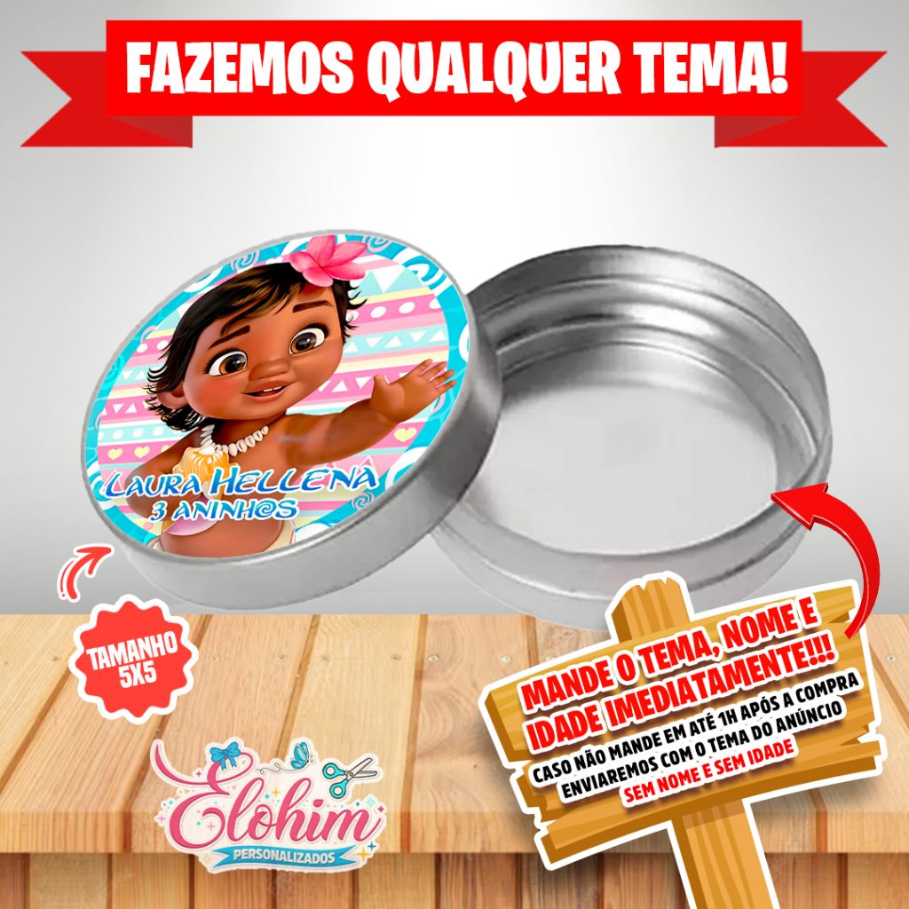 Rótulo Adesivo para personalizar Latinha 5x5 - Moana Baby
