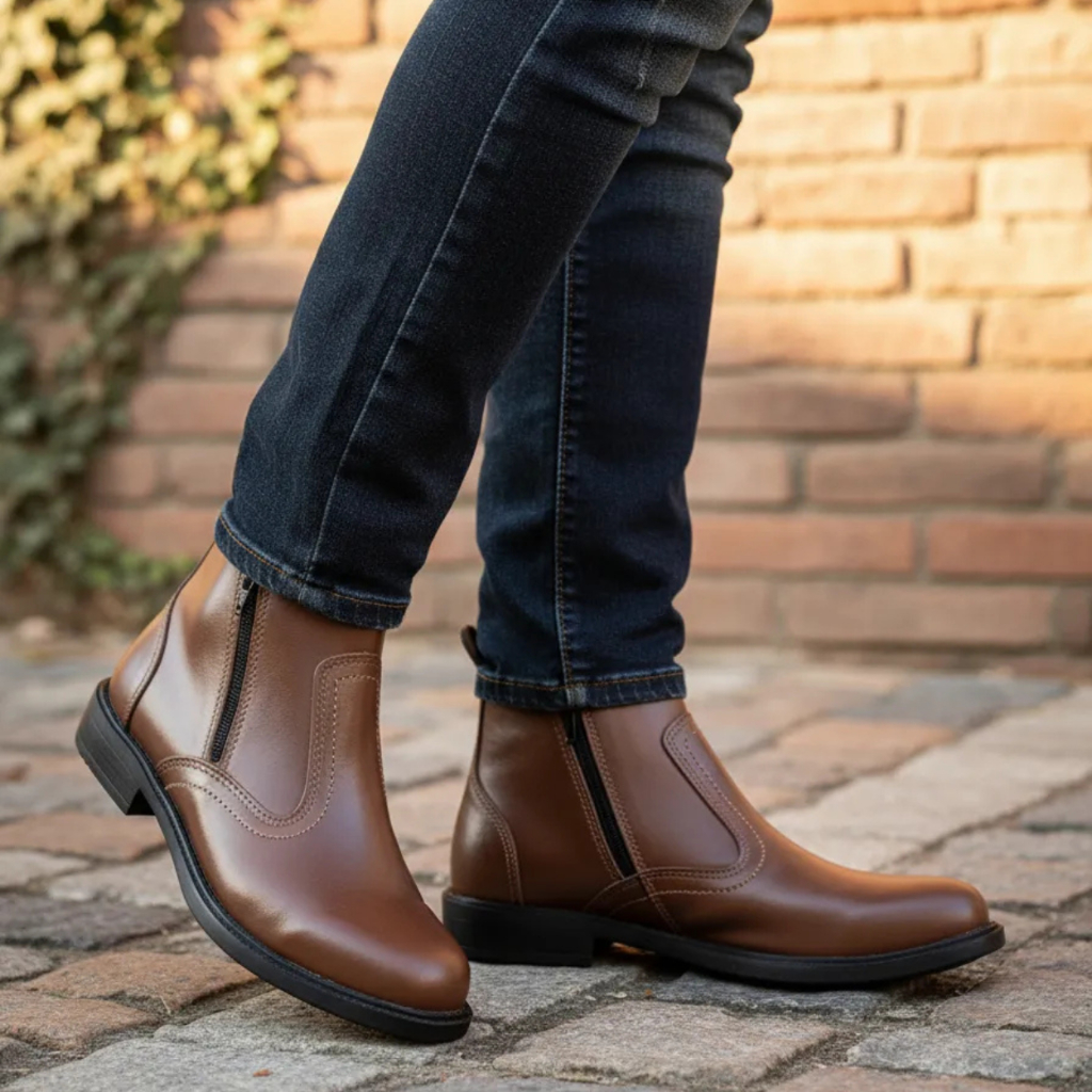 Botina Em Couro Vaqueta de Boi Bota Com Ziper Fecho Solado Borracha Costurado Cano Baixo Curto 2235