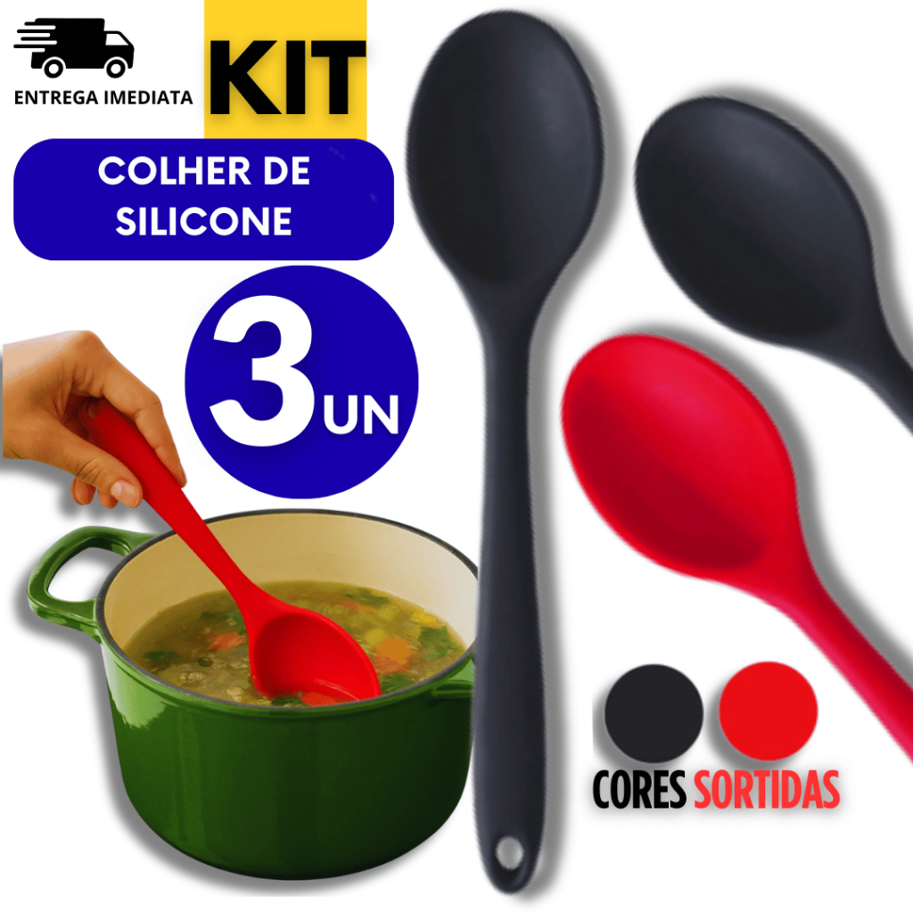 Conjunto  03 Colher Colheres Silicone Utensílio De Cozinha Arroz Vermelho Preto Casa Restaurante Variáveis