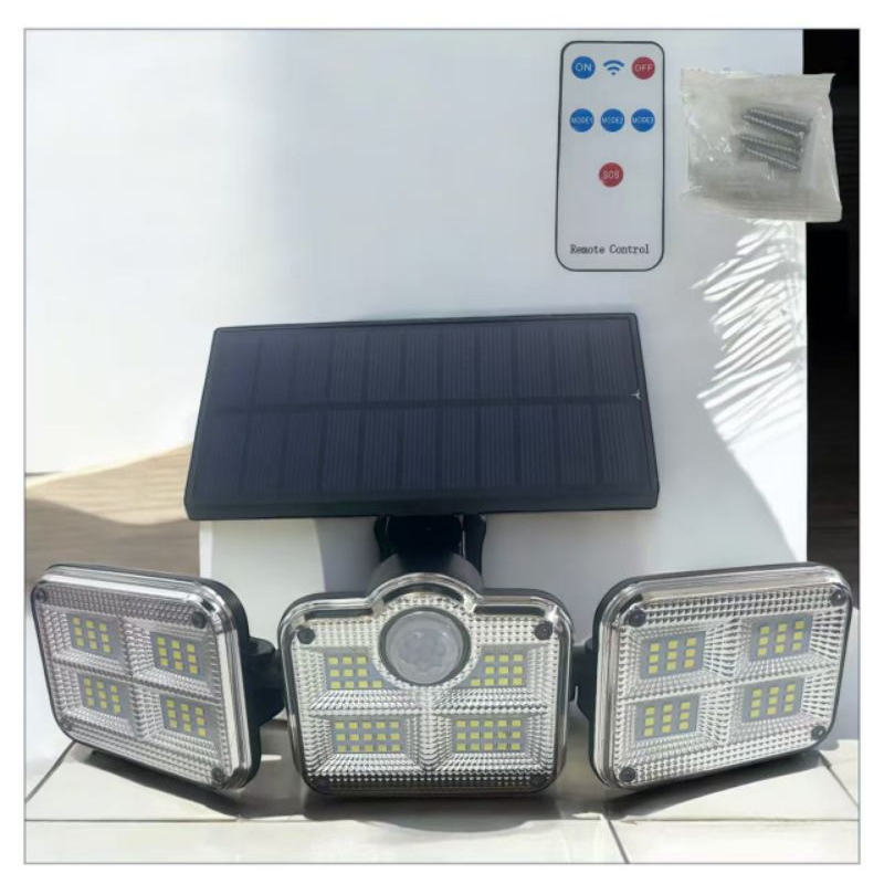 Luminaria Solar 122 Led Sensor De Movimento Controle Remoto Com Painel de Três Cabeças Giratorias — imagem 2 de 2
