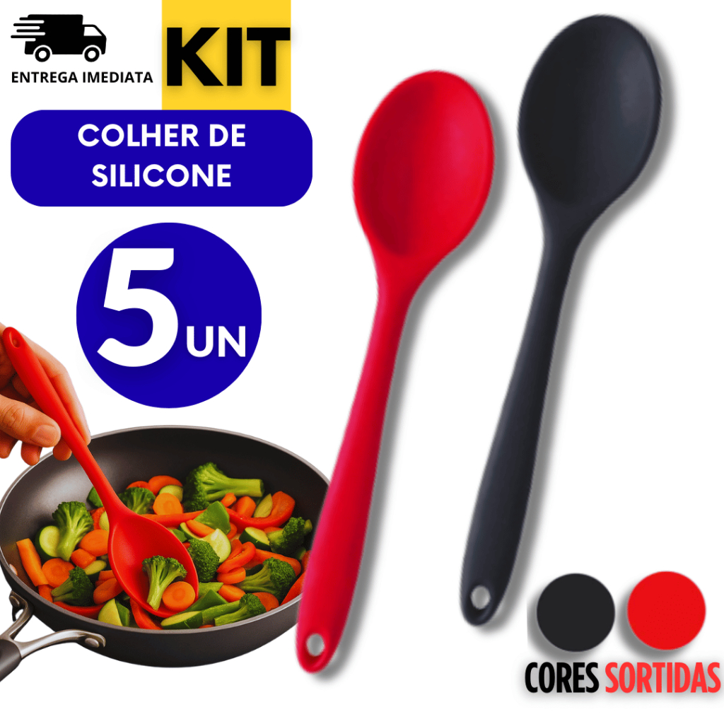 Colher de Silicone 27cm kit 5 Un Utensílio Cozinha Antiaderente Resistente ao Calor Vermelha Preta Redonda Arroz Molhos6