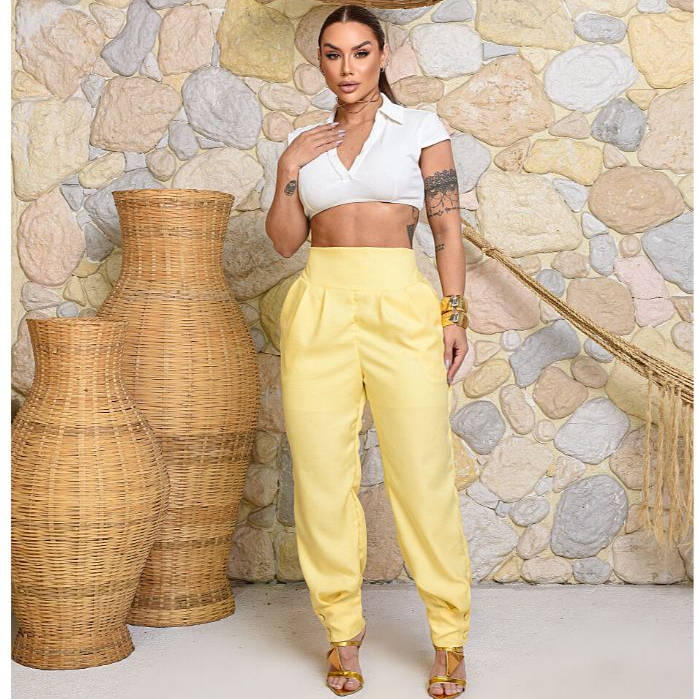 Calça Aladim Feminina Duna Linho Botões na Barra Forrada Modelagem Ampla Elegante