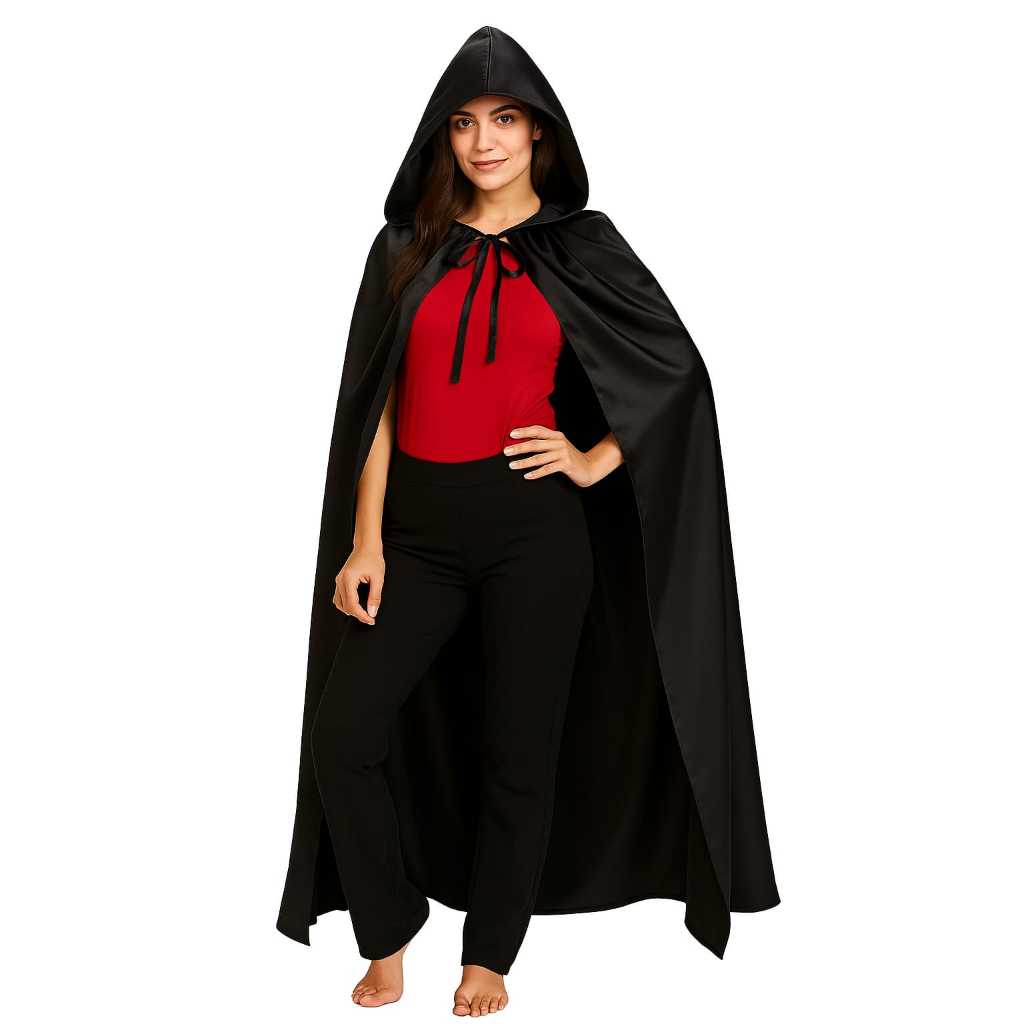 Capa Capuz Preta Fantasia Cetim Adulto 175cm Festa Halloween Vampiro Morte Fantasia Cosplay Dracula Bruxa
