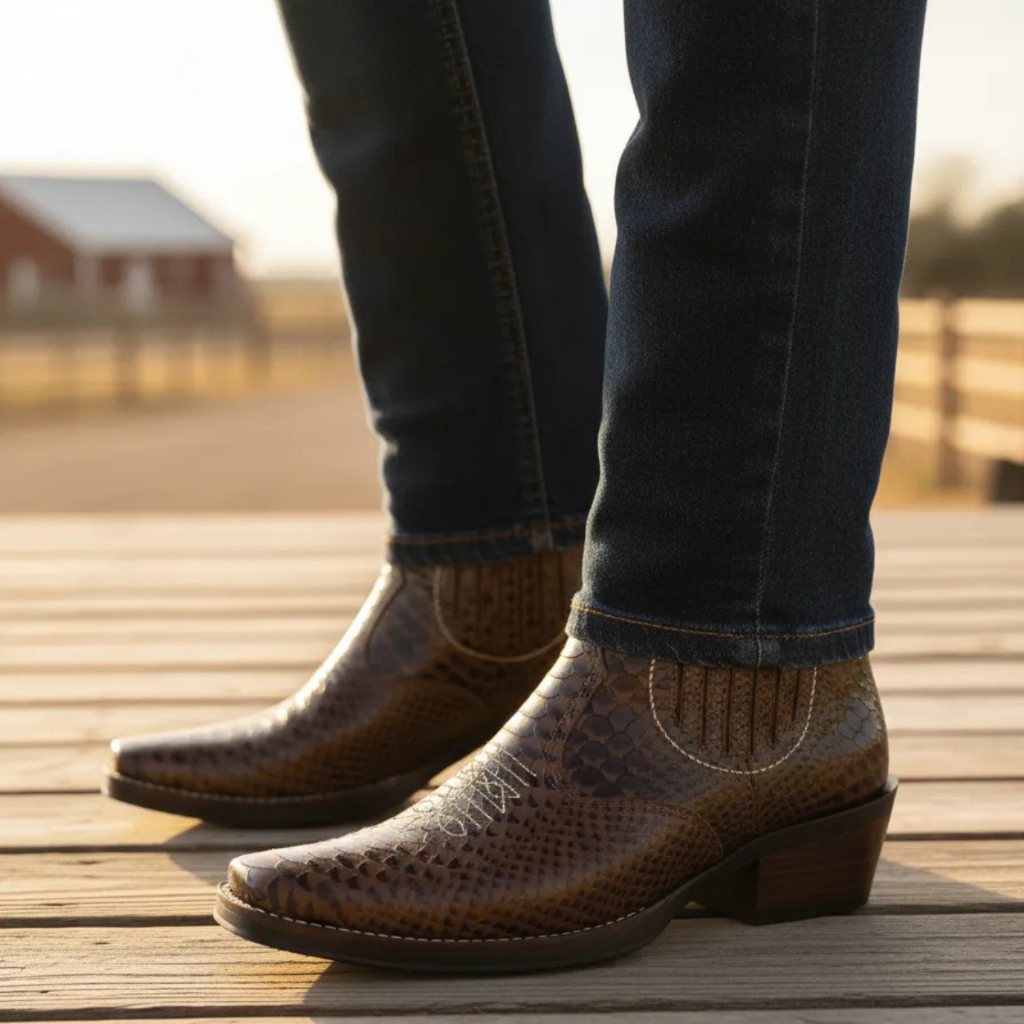 Bota Country Texana Masculina Botina Cor Marrom Anaconda Couro de Boi Legitimo Botinha Cowboy 3331