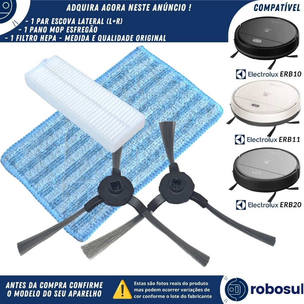 Kit Escova Filtro Pano Mop Robô Aspirador Electrolux HOME-E SPEED ERB10 ERB11 HOME-E CONTROL ERB20