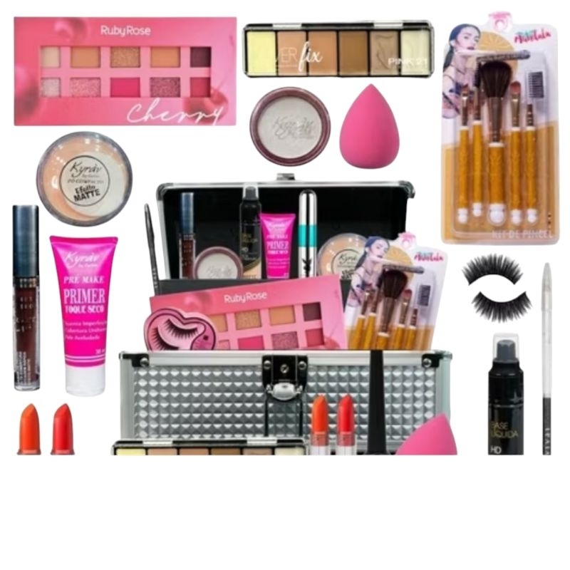 kit de maquiagem skin care com 10 itens,batom,gloss,iluminador,corretivo,pincel